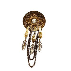 Vintage Ornate Brass Brooch With Chain & Bead Dangles